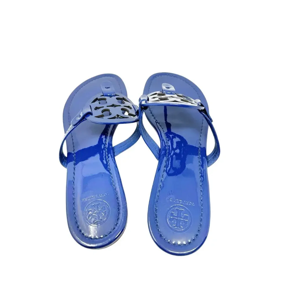 TORY BURCH Blue Metallic Miller Logo Patent Leather Sandals Size 10